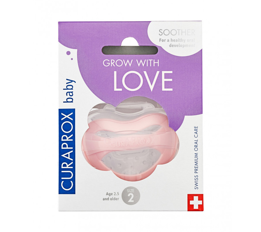 Cоска-пустышка Curaprox розовая, размер 2 (10-14 кг, 18-36 мес.), 1 шт., контейнер